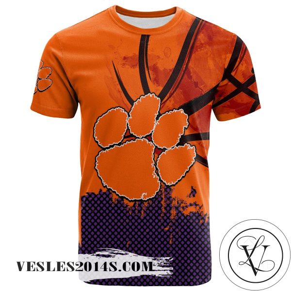 Clemson Tigers All Over Print T-shirt Men’s Basketball Net Grunge Pattern – NCAA