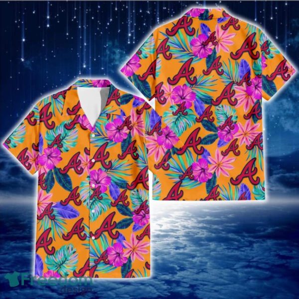 Atlanta Braves Purple Hibiscus Neon Leaf Orange Background 3D Hawaiian Shirt Gift For Fans