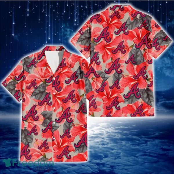 Atlanta Braves Red Hibiscus Gray Leaf Beige Background 3D Hawaiian Shirt Gift For Fans