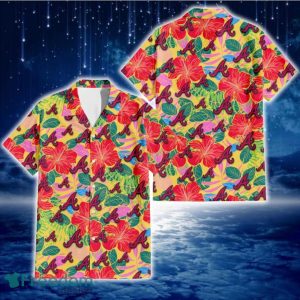 Atlanta Braves Red Hibiscus Green Blue Leaf Yellow Background 3D Hawaiian Shirt Gift For Fans