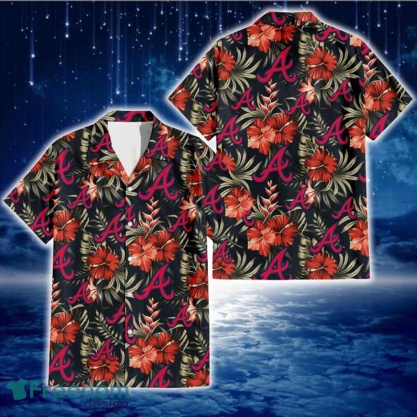 Atlanta Braves Red Hibiscus Green Leaf Dark Background 3D Hawaiian Shirt Gift For Fans