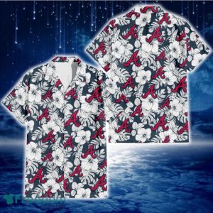 Atlanta Braves Sketch Hibiscus Leaf Dark Gray Background 3D Hawaiian Shirt Gift For Fans