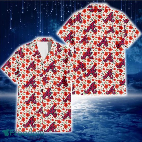 Atlanta Braves Tiny Red Hibiscus Green Leaf White Cube Background 3D Hawaiian Shirt Gift For Fans