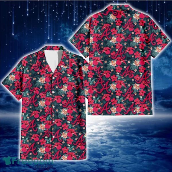 Atlanta Braves Tiny Red Hibiscus White Porcelain Flower Black Background 3D Hawaiian Shirt Gift For Fans