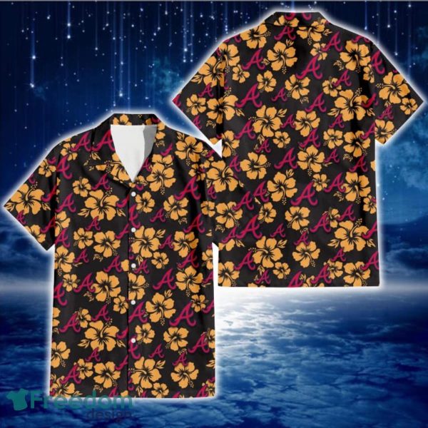 Atlanta Braves Tiny Yellow Hibiscus Black Background 3D Hawaiian Shirt Gift For Fans