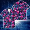 Atlanta Braves Violet Red Hibiscus Blue Leaf Black Background 3D Hawaiian Shirt Gift For Fans