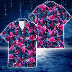 Atlanta Braves Violet Red Hibiscus Blue Leaf Black Background 3D Hawaiian Shirt Gift For Fans