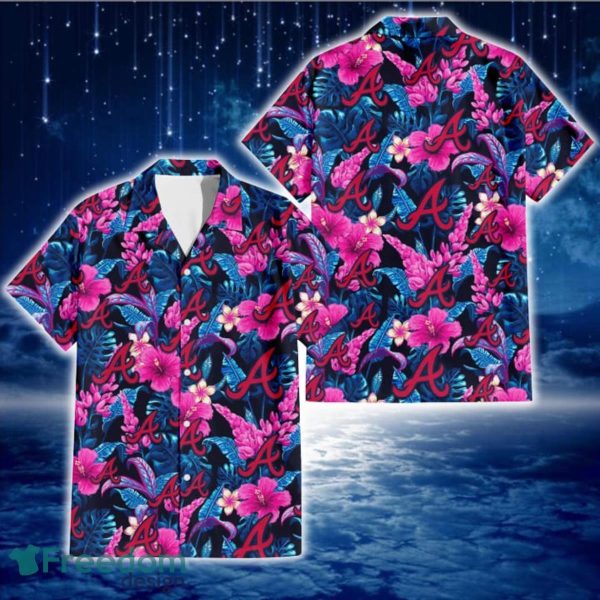 Atlanta Braves Violet Red Hibiscus Blue Leaf Black Background 3D Hawaiian Shirt Gift For Fans