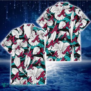 Atlanta Braves White Hibiscus Turquoise Wave Black Background 3D Hawaiian Shirt Gift For Fans