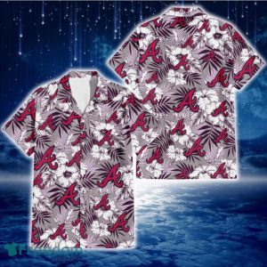 Atlanta Braves White Hibiscus Violet Leaves Light Grey Background 3D Hawaiian Shirt Gift For Fans