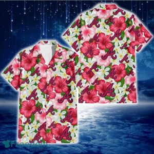 Atlanta Braves White Porcelain Flower Pink Hibiscus White Background 3D Hawaiian Shirt Gift For Fans