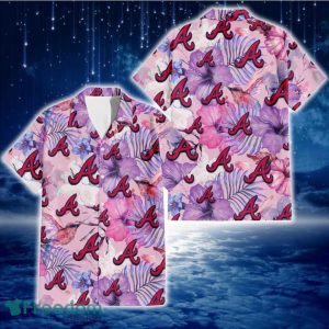 Atlanta Braves White Purple Hibiscus Pink Hummingbird Pink Background 3D Hawaiian Shirt Gift For Fans