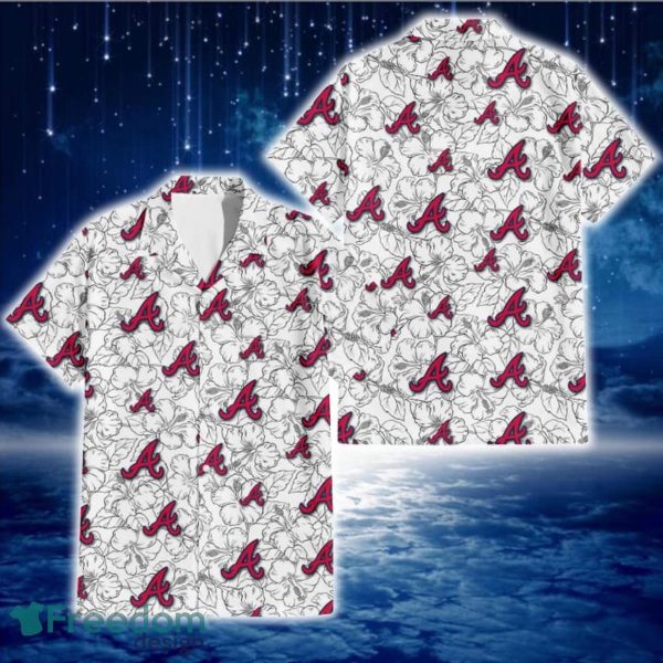 Atlanta Braves White Sketch Hibiscus Pattern White Background 3D Hawaiian Shirt Gift For Fans