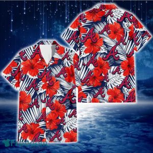 Atlanta Braves White Tropical Leaf Red Hibiscus Navy Background 3D Hawaiian Shirt Gift For Fans