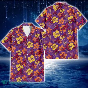 Atlanta Braves Yellow And Orange Hibiscus Purple Background 3D Hawaiian Shirt Gift For Fans