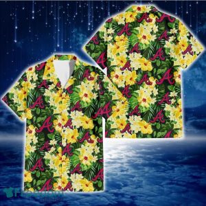 Atlanta Braves Yellow Hibiscus Tropical Green Leaf Black Background 3D Hawaiian Shirt Gift For Fans