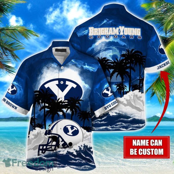 BYU Cougars NCAA Hawaiian Shirt Coconut Tree Waves Beach Hawaii Shirt Custom Name For Fans