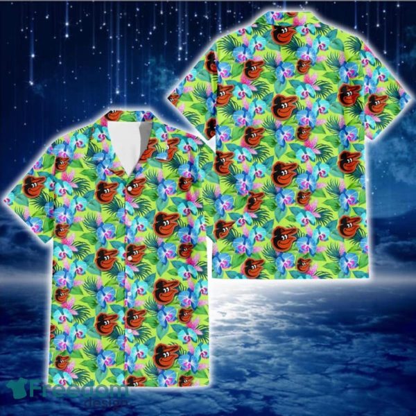 Baltimore Orioles Blue Orchid Green Pink Leaf Green Background 3D Hawaiian Shirt Gift For Fans