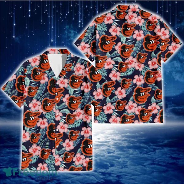 Baltimore Orioles Coral Hibiscus Green Banana Leaf Black Background 3D Hawaiian Shirt Gift For Fans