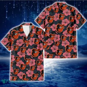 Baltimore Orioles Light Coral Hibiscus Gray Leaf Black Background 3D Hawaiian Shirt Gift For Fans