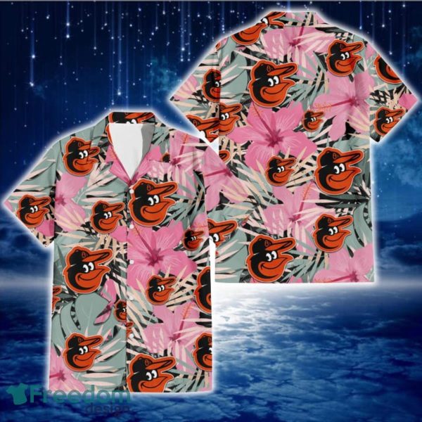 Baltimore Orioles Light Pink Hibiscus Pale Green Leaf Black Background 3D Hawaiian Shirt Gift For Fans