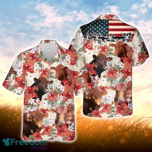 Beefmaster Hibicus Floral US Flag 3D Hawaiian Shirt For Men Women