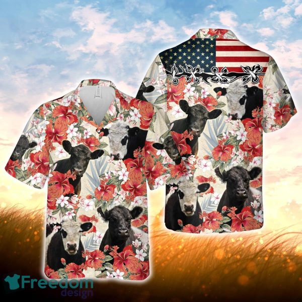 Belted Galloway Hibicus Floral US Flag 3D Hawaiian Shirt For Men Women