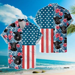 Black Angus Cow Hawaiian Shirts Tropical Flower Cow American Flag