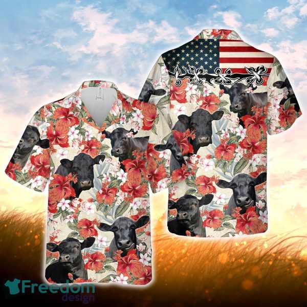 Black Angus Hibicus Floral US Flag 3D Hawaiian Shirt For Men Women