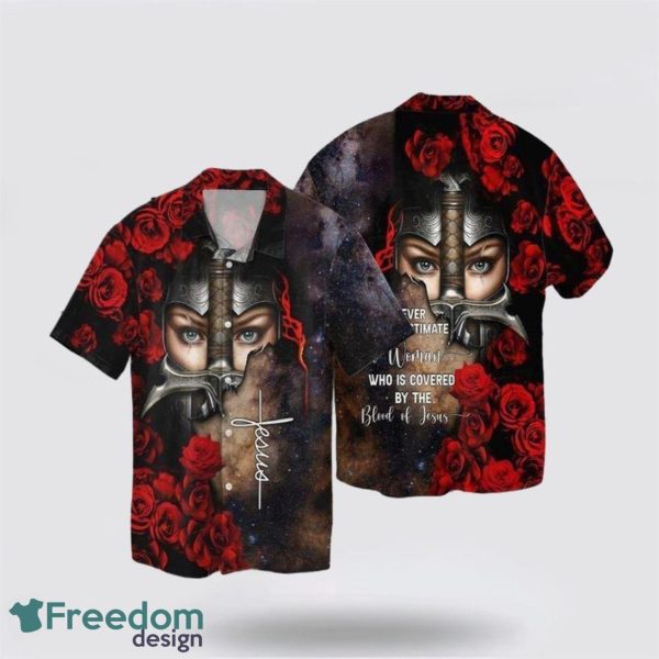 Blood Of Jesus Never Underestimate Women Who Is Covered By The Blood Of Jesus AOP Hawaiian Shirt Summer Holiday Gift