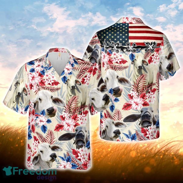 Brahman Cattle American Flag Hawaiian Flowers All Over Printed 3D Hawaiian Shirt For Men Women