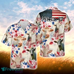 Charolais Cattle American Flag Hawaiian Flowers All Over Printed 3D Hawaiian Shirt For Men Women