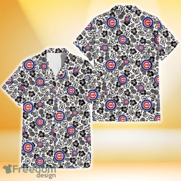 Chicago Cubs Black And White Hibiscus Leaf White Background 3D Hawaiian Shirt Gift For Fans