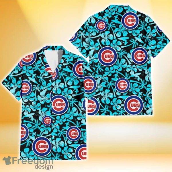 Chicago Cubs Blue Hibiscus Blue Coconut Tree Black Background 3D Hawaiian Shirt Gift For Fans