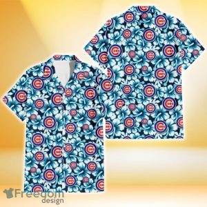 Chicago Cubs Blue Line White Hibiscus Black Background 3D Hawaiian Shirt Gift For Fans