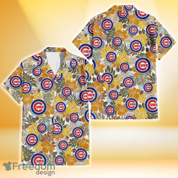 Chicago Cubs Brown Yellow Hibiscus White Background 3D Hawaiian Shirt Gift For Fans