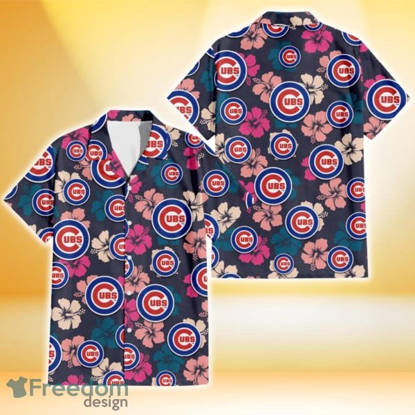 Chicago Cubs Colorful Hibiscus Black Background 3D Hawaiian Shirt Gift For Fans