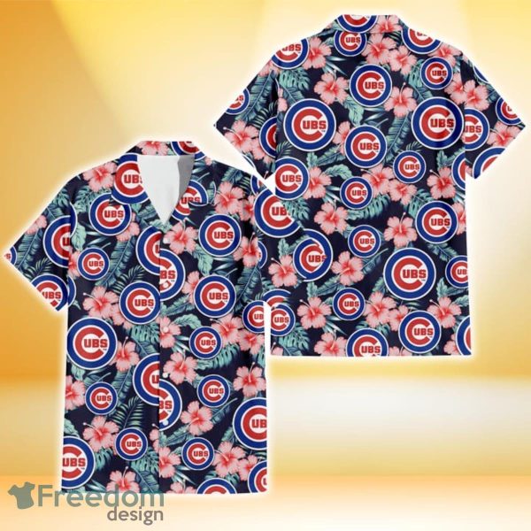 Chicago Cubs Coral Hibiscus Green Banana Leaf Black Background 3D Hawaiian Shirt Gift For Fans