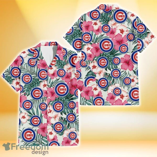 Chicago Cubs Coral Pink Hibiscus Green Leaf Beige Background 3D Hawaiian Shirt Gift For Fans