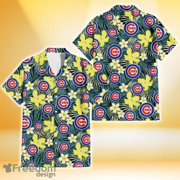 Chicago Cubs Hibiscus Green Palm Leaf Black Background 3D Hawaiian Shirt Gift For Fans