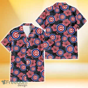 Chicago Cubs Light Coral Hibiscus Gray Leaf Black Background 3D Hawaiian Shirt Gift For Fans