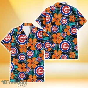 Chicago Cubs Orange Hibiscus Blue Gray Leaf Black Background 3D Hawaiian Shirt Gift For Fans