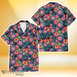 Chicago Cubs Orange Hibiscus Green Tropical Leaf Dark Background 3D Hawaiian Shirt Gift For Fans