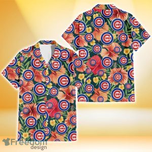 Chicago Cubs Orange Red Hibiscus Green Leaf Dark Background 3D Hawaiian Shirt Gift For Fans