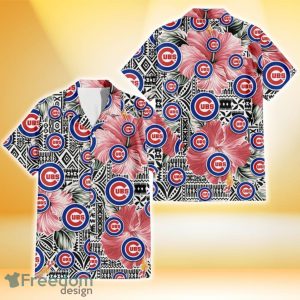 Chicago Cubs Pink Hibiscus Black Pattern White Background 3D Hawaiian Shirt Gift For Fans