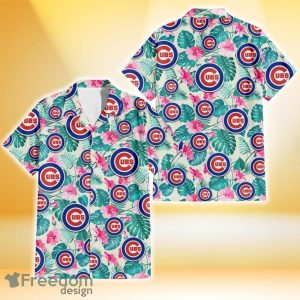 Chicago Cubs Pink Hibiscus Green Leaf Beige Background 3D Hawaiian Shirt Gift For Fans