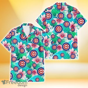 Chicago Cubs Pink Hibiscus Green Leaf Blue Background 3D Hawaiian Shirt Gift For Fans