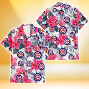 Chicago Cubs Pink Hibiscus White Orchid White Background 3D Hawaiian Shirt Gift For Fans