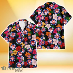 Chicago Cubs Pink Orange Yellow White Hibiscus Black Background 3D Hawaiian Shirt Gift For Fans