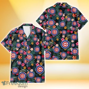 Chicago Cubs Pink Yellow Orange Hibiscus Big Tropical Leaf Black Background 3D Hawaiian Shirt Gift For Fans